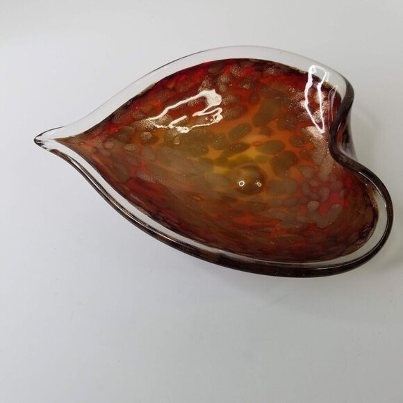 Murano Style Bowl Rolled Edge Glass 9" Gold Foil Amber Red Vintage Italian - Picture 3 of 7